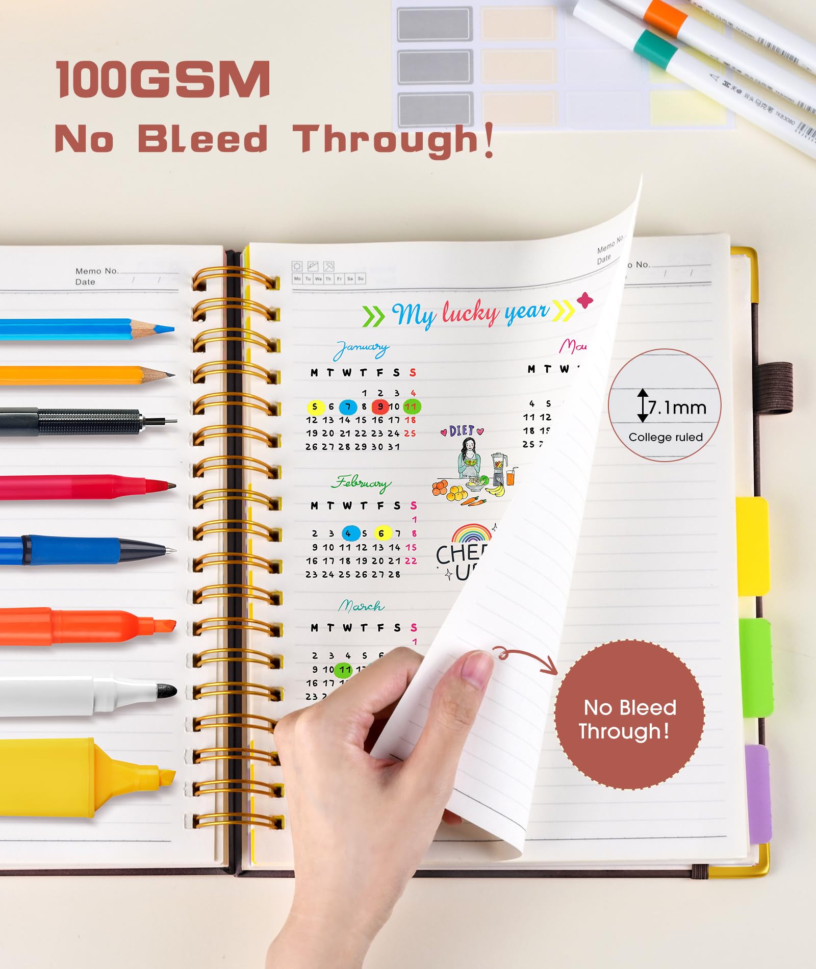 Hardcover Spiral Notebook Journal with Removable Dividers Tabs, 300 Pages Leather 5 Subject Notebook College Ruled, 8"x10" Large B5 Notebooks for Work School Note taking, Lined Journal for Women, Pink