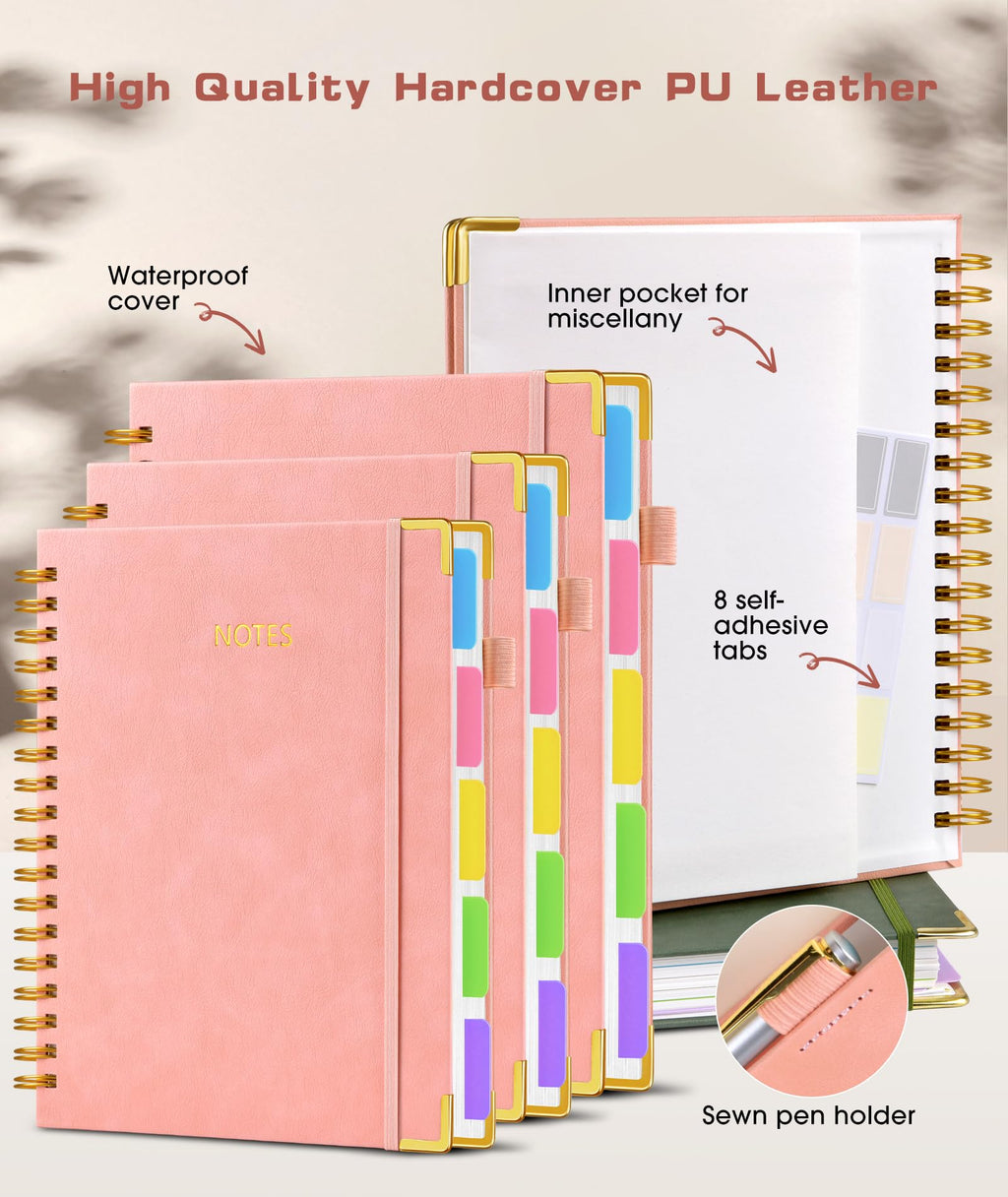 Hardcover Spiral Notebook Journal with Removable Dividers Tabs, 300 Pages Leather 5 Subject Notebook College Ruled, 8"x10" Large B5 Notebooks for Work School Note taking, Lined Journal for Women, Pink