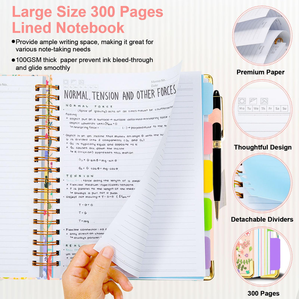 Spiral Journal Notebooks for Work, 300 Pages 5 Subject Notebook College Ruled with Dividers & Tabs, 8''x 10'' Large Notebook Journal for Women Students Note-Taking and Organizer