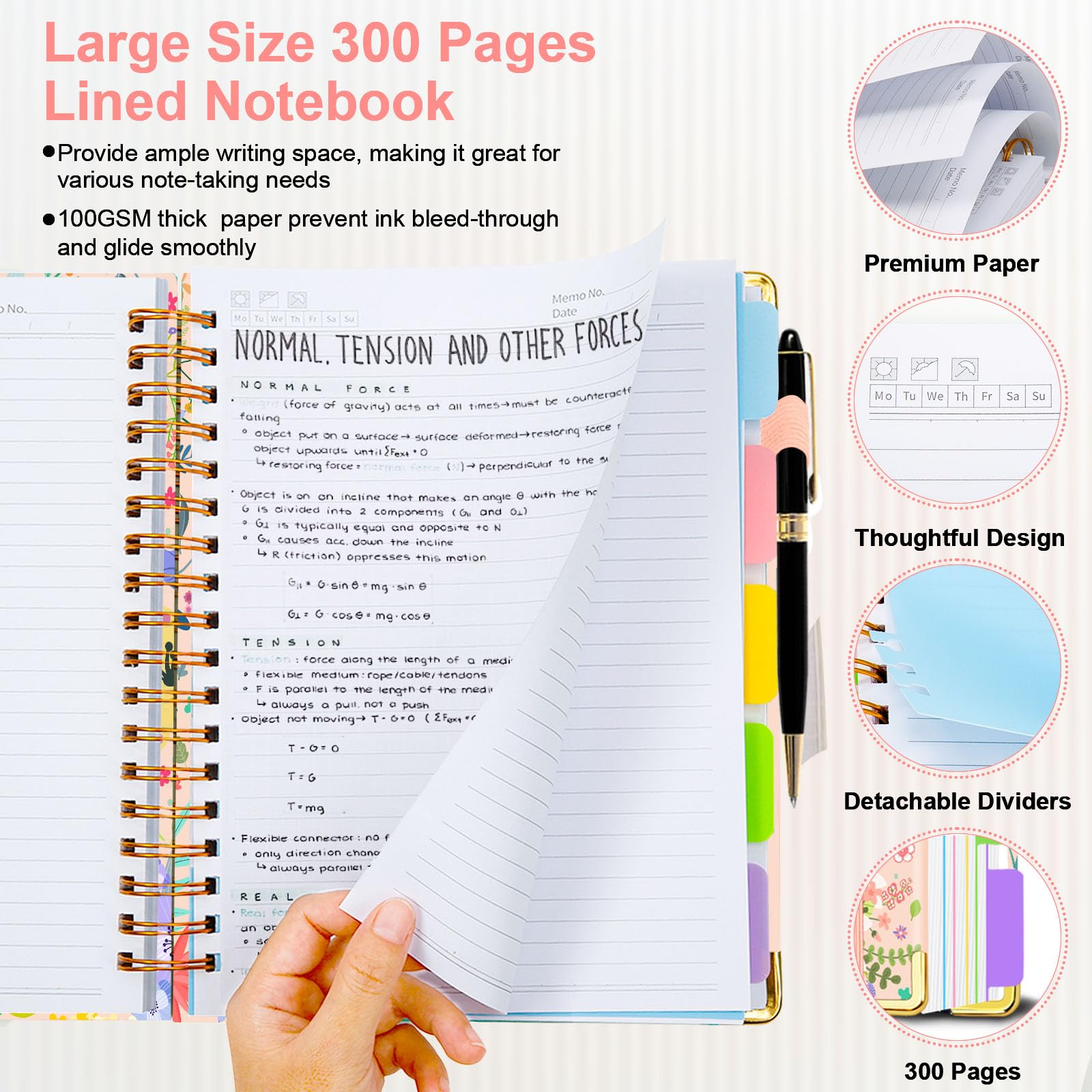 Spiral Journal Notebooks for Work, 300 Pages 5 Subject Notebook College Ruled with Dividers & Tabs, 8''x 10'' Large Notebook Journal for Women Students Note-Taking and Organizer