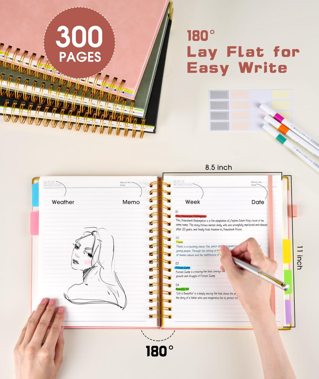 Hardcover Spiral Notebook Journal with Removable Dividers Tabs, 300 Pages Leather 5 Subject Notebook College Ruled, 8"x10" Large B5 Notebooks for Work School Note taking, Lined Journal for Women, Pink