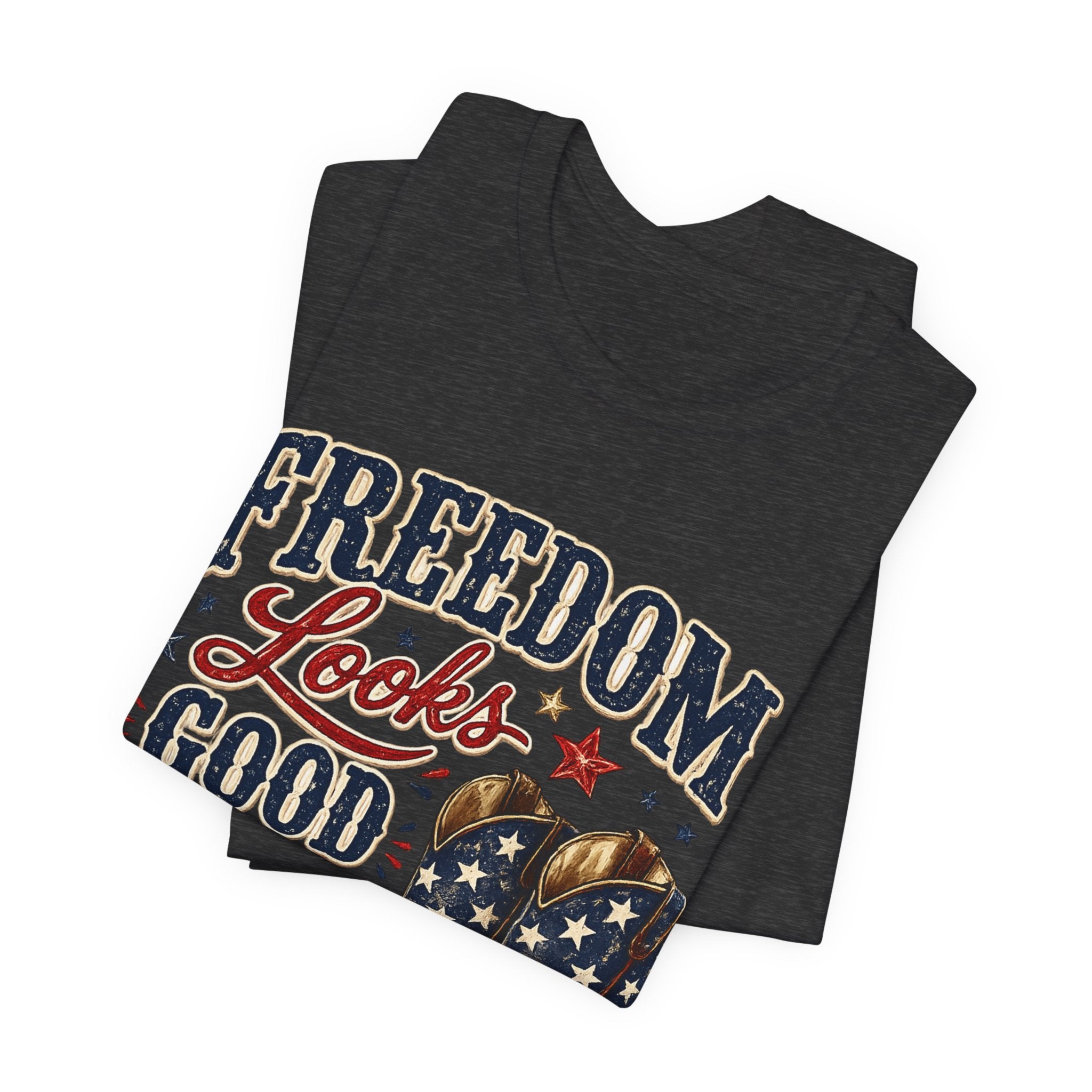 Freedom Looks Good On Me Tee — Patriotic American Flag Cowboy Boots T-Shirt