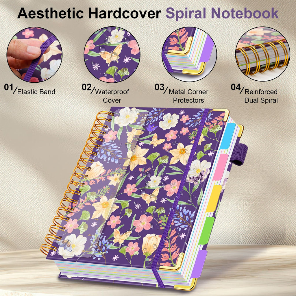 Spiral Journal Notebooks for Work, 300 Pages 5 Subject Notebook College Ruled with Dividers & Tabs, 8''x 10'' Large Notebook Journal for Women Students Note-Taking and Organizer