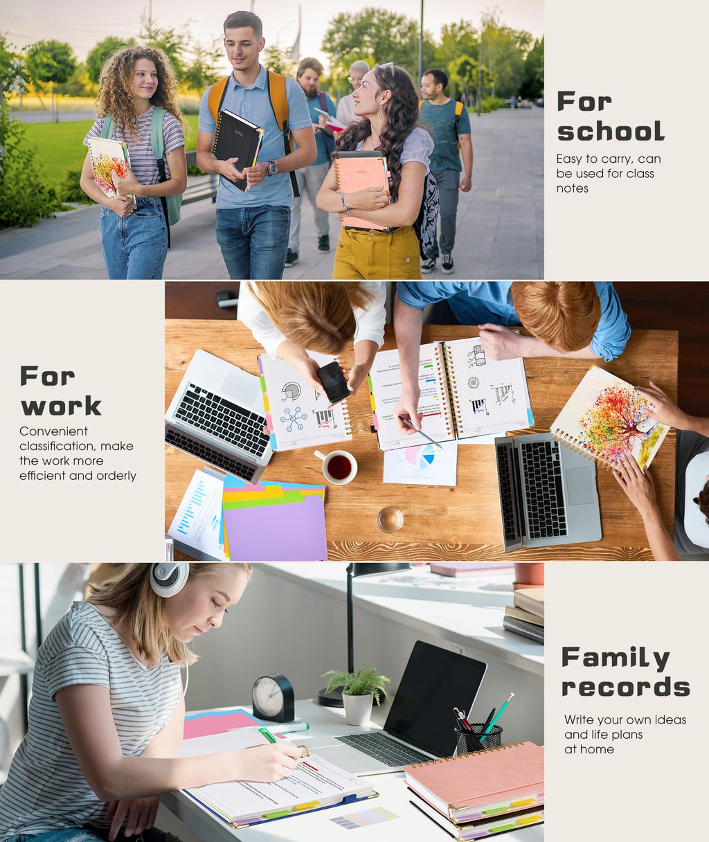 Hardcover Spiral Notebook Journal with Removable Dividers Tabs, 300 Pages Leather 5 Subject Notebook College Ruled, 8"x10" Large B5 Notebooks for Work School Note taking, Lined Journal for Women, Pink