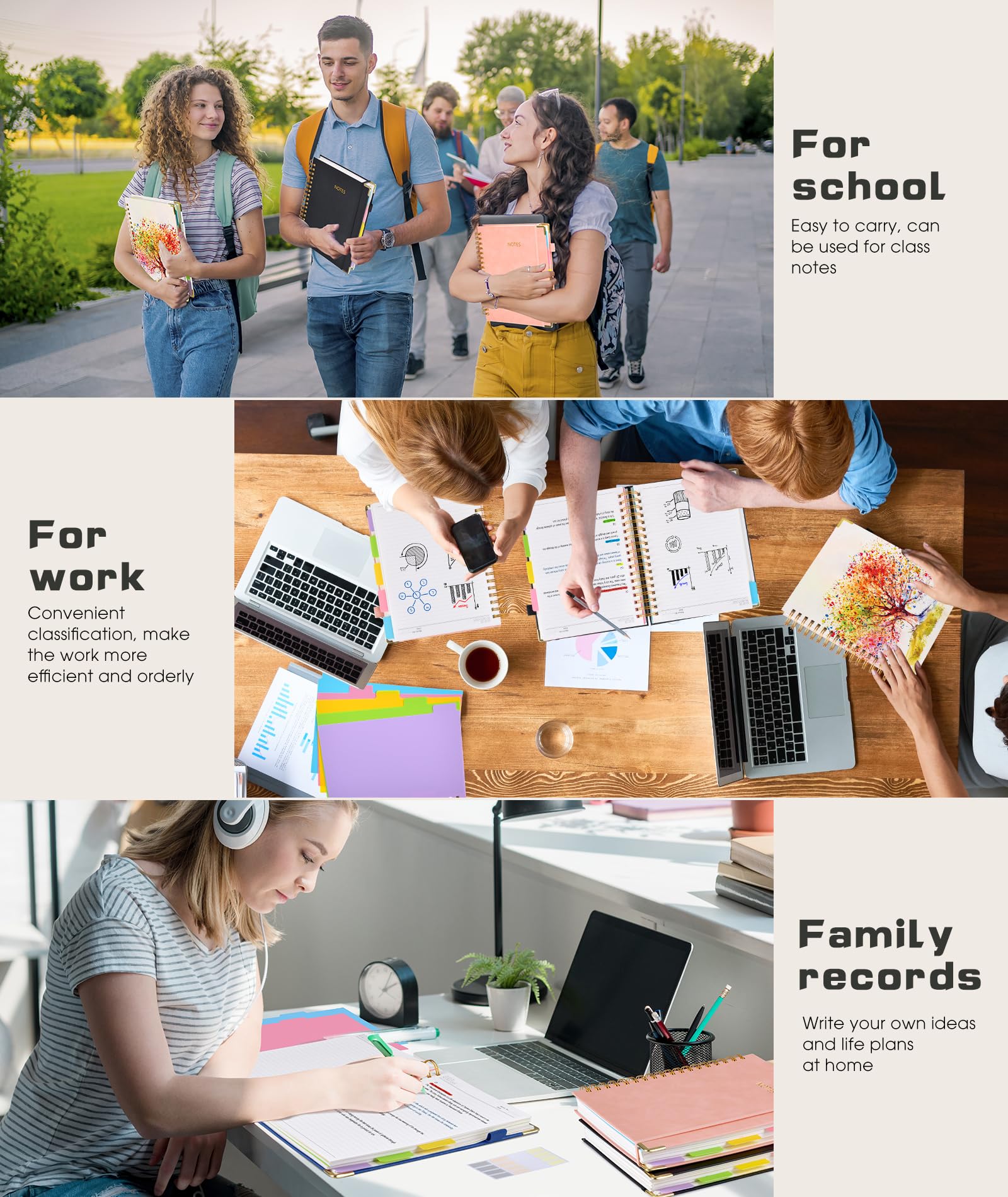 Hardcover Spiral Notebook Journal with Removable Dividers Tabs, 300 Pages Leather 5 Subject Notebook College Ruled, 8"x10" Large B5 Notebooks for Work School Note taking, Lined Journal for Women, Pink