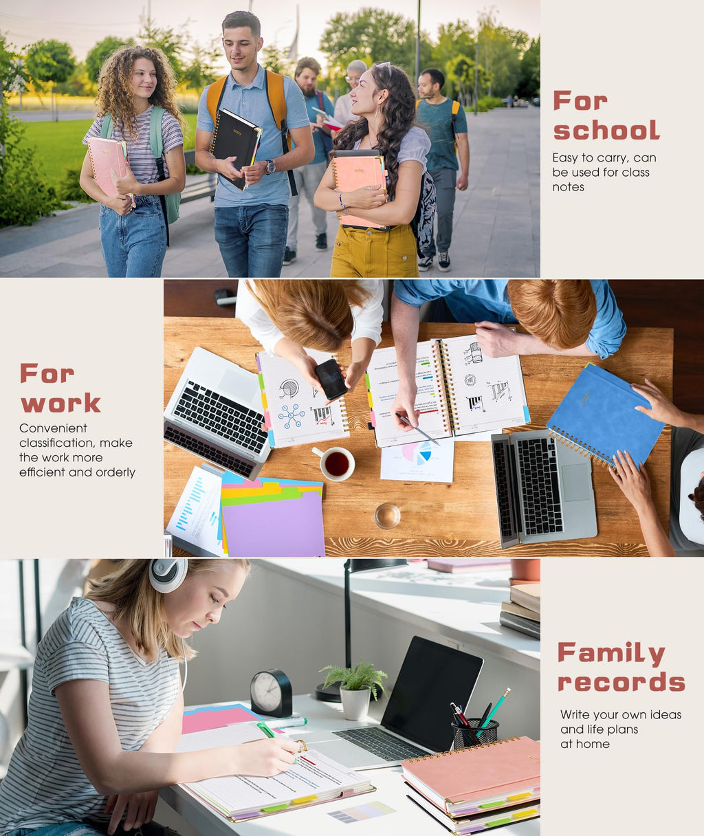 Hardcover Spiral Notebook Journal with Removable Dividers Tabs, 300 Pages Leather 5 Subject Notebook College Ruled, 8"x10" Large B5 Notebooks for Work School Note taking, Lined Journal for Women, Pink