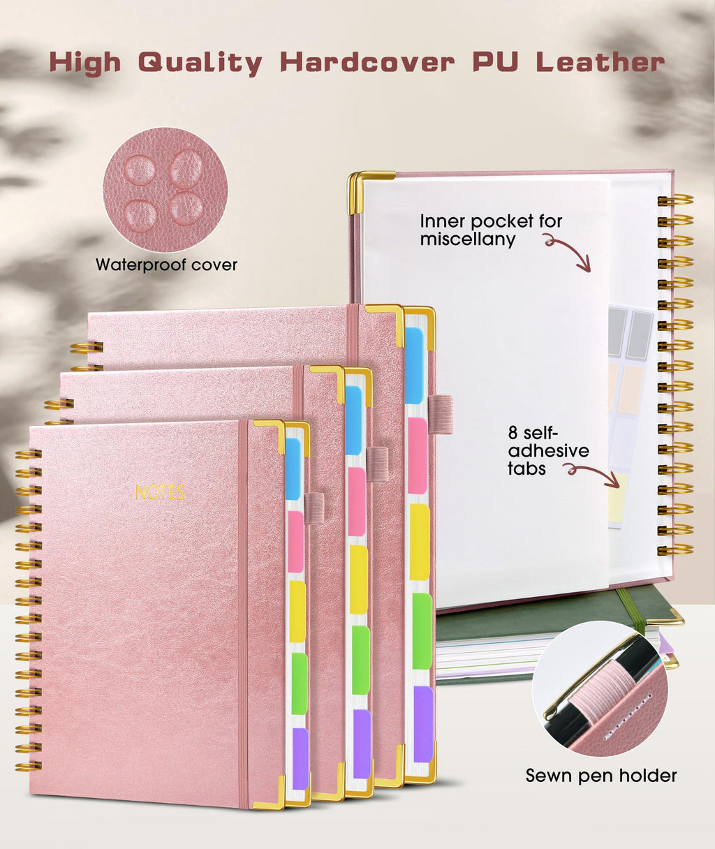 Hardcover Spiral Notebook Journal with Removable Dividers Tabs, 300 Pages Leather 5 Subject Notebook College Ruled, 8"x10" Large B5 Notebooks for Work School Note taking, Lined Journal for Women, Pink