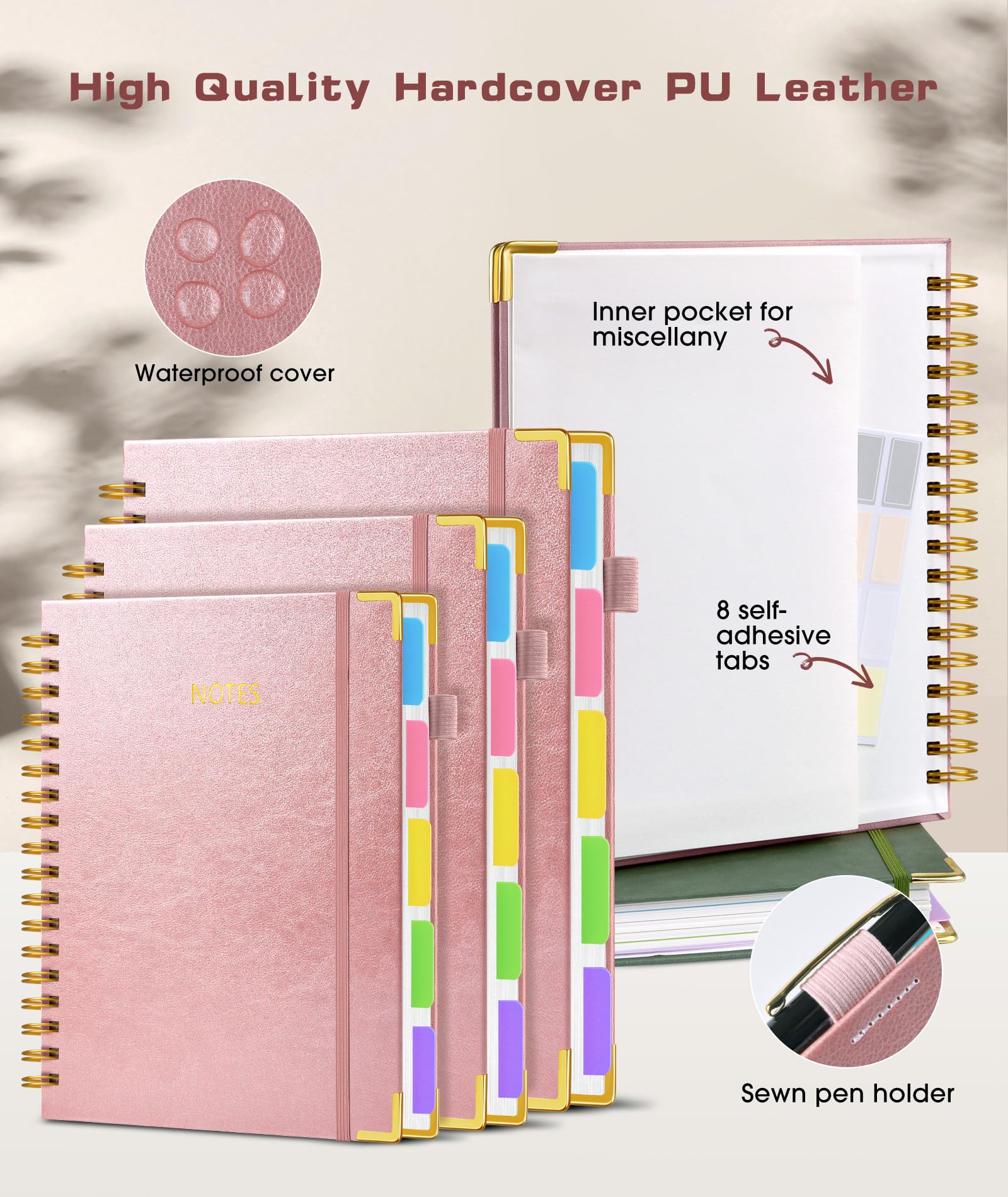 Hardcover Spiral Notebook Journal with Removable Dividers Tabs, 300 Pages Leather 5 Subject Notebook College Ruled, 8"x10" Large B5 Notebooks for Work School Note taking, Lined Journal for Women, Pink