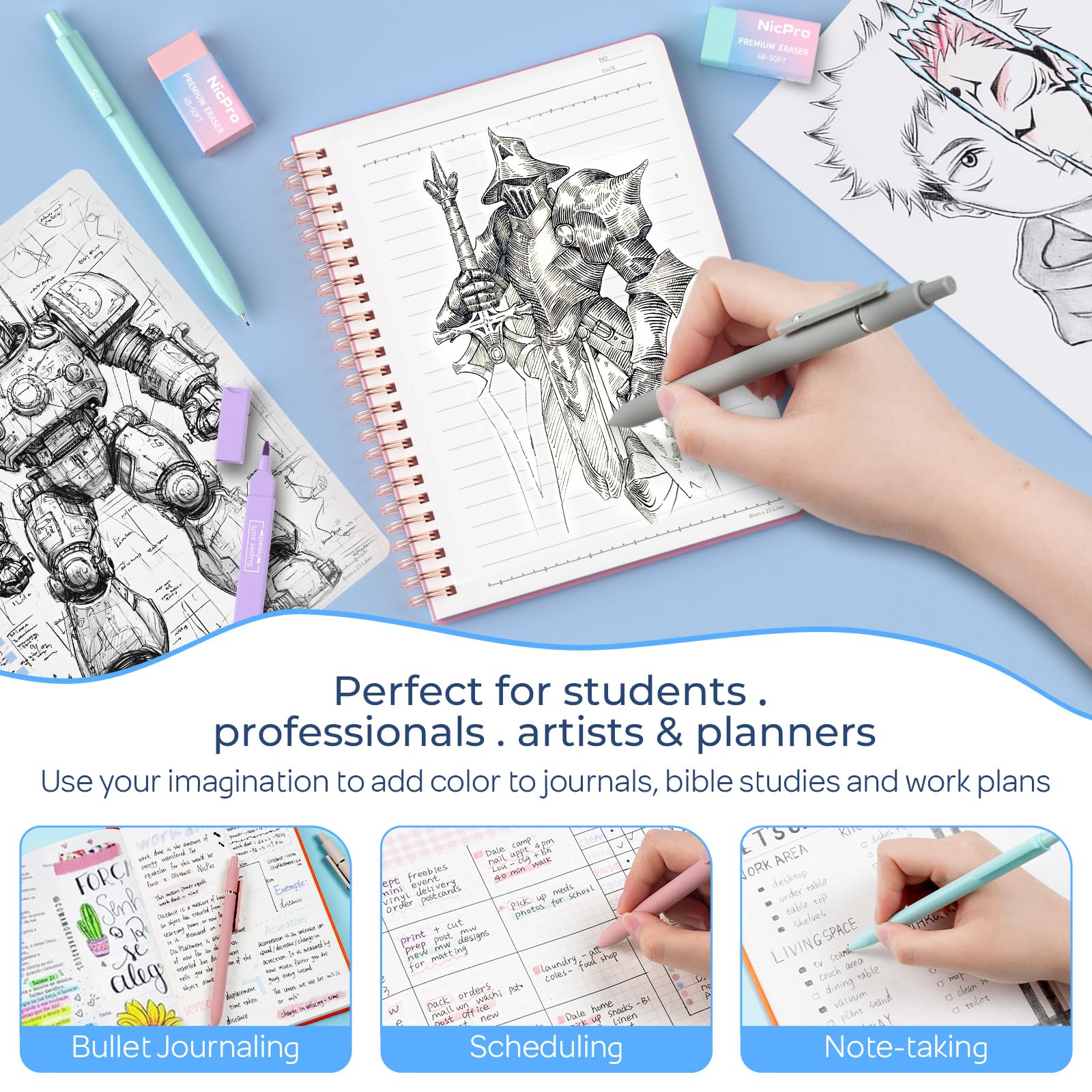 Nicpro 50PCS Cute Spiral Notebook Stationary Set For Women, Bible Journal Set, 3PCS A5 Spiral Notebook, Gel Pens, Sticky Notes & Tabs, Gift Box, Mechanical Pencils for Study Aesthetic School Supplies