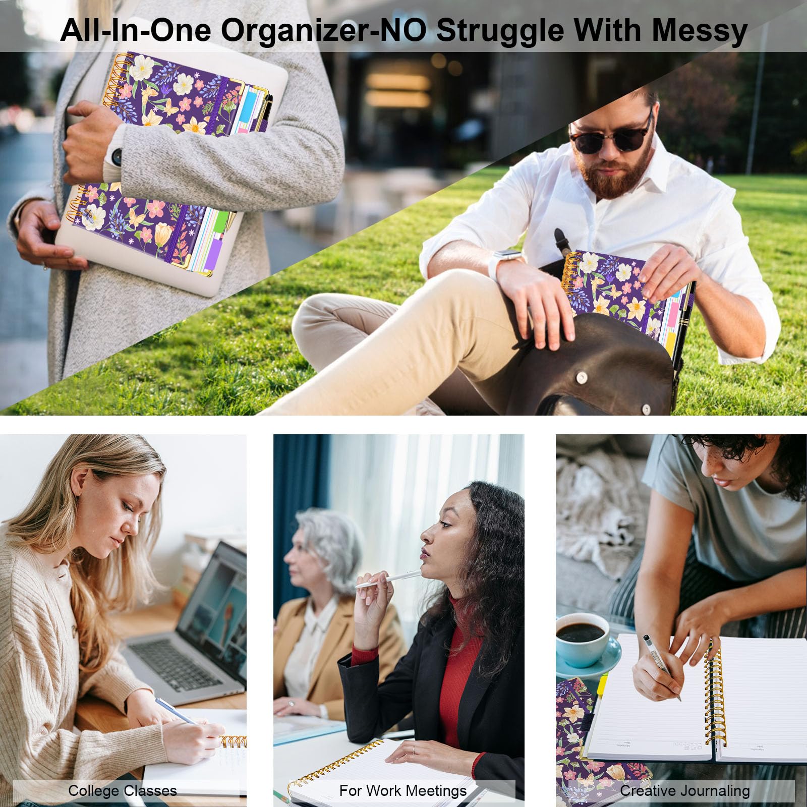 Spiral Journal Notebooks for Work, 300 Pages 5 Subject Notebook College Ruled with Dividers & Tabs, 8''x 10'' Large Notebook Journal for Women Students Note-Taking and Organizer