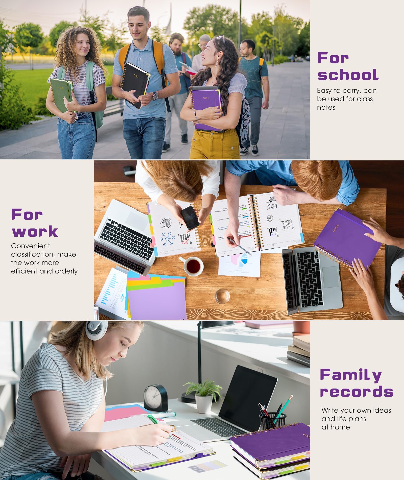 Hardcover Spiral Notebook Journal with Removable Dividers Tabs, 300 Pages Leather 5 Subject Notebook College Ruled, 8"x10" Large B5 Notebooks for Work School Note taking, Lined Journal for Women, Pink