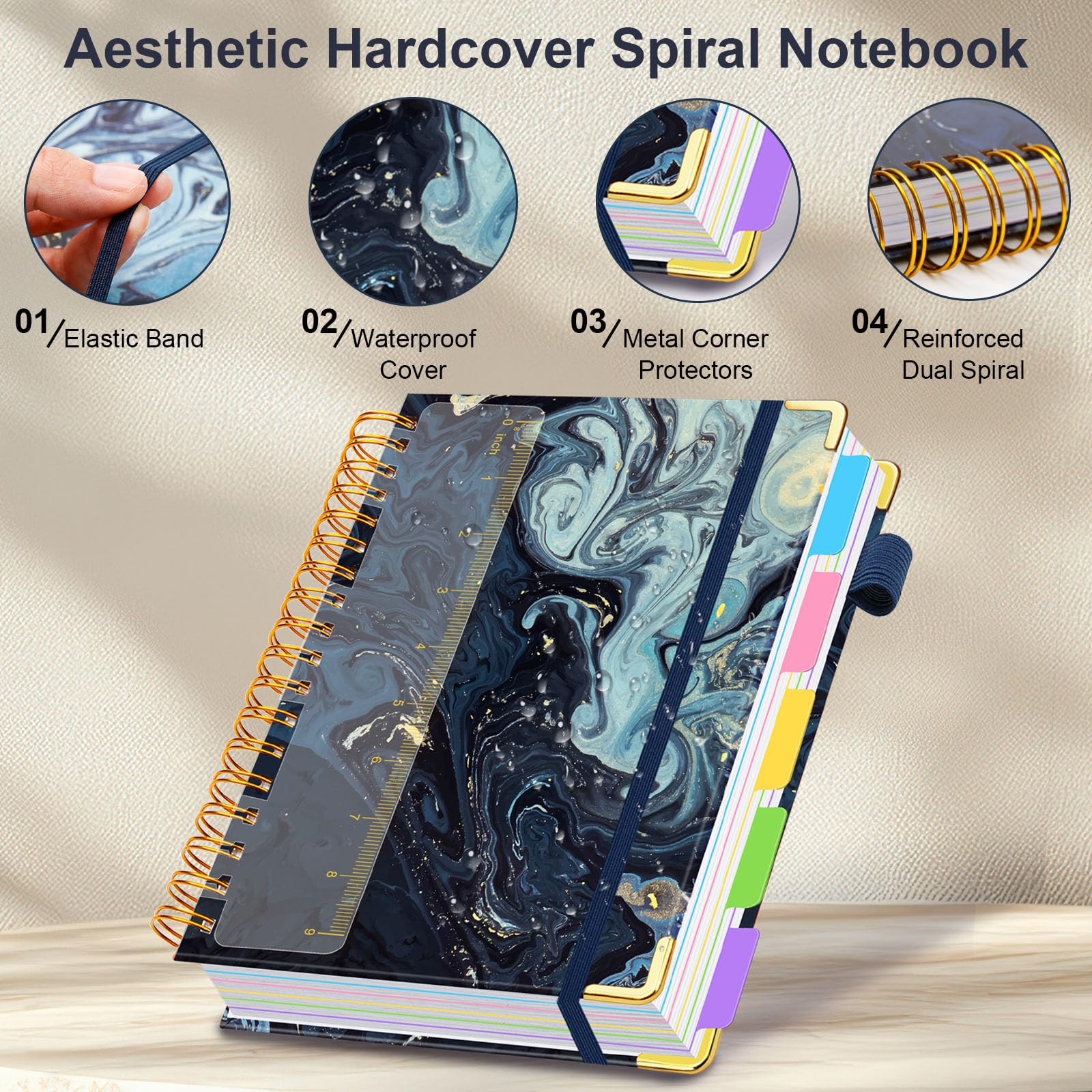 Spiral Journal Notebooks for Work, 300 Pages 5 Subject Notebook College Ruled with Dividers & Tabs, 8''x 10'' Large Notebook Journal for Women Students Note-Taking and Organizer