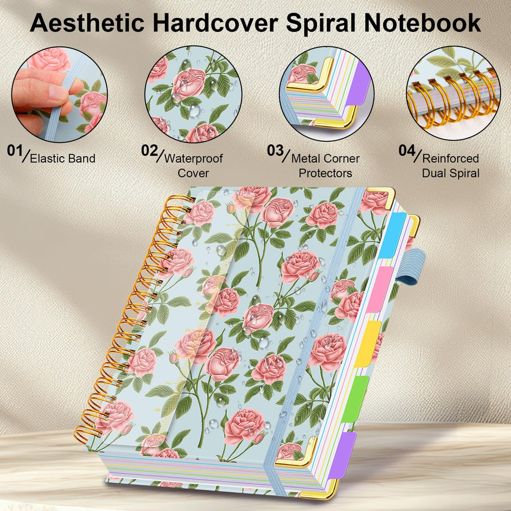 Spiral Journal Notebooks for Work, 300 Pages 5 Subject Notebook College Ruled with Dividers & Tabs, 8''x 10'' Large Notebook Journal for Women Students Note-Taking and Organizer