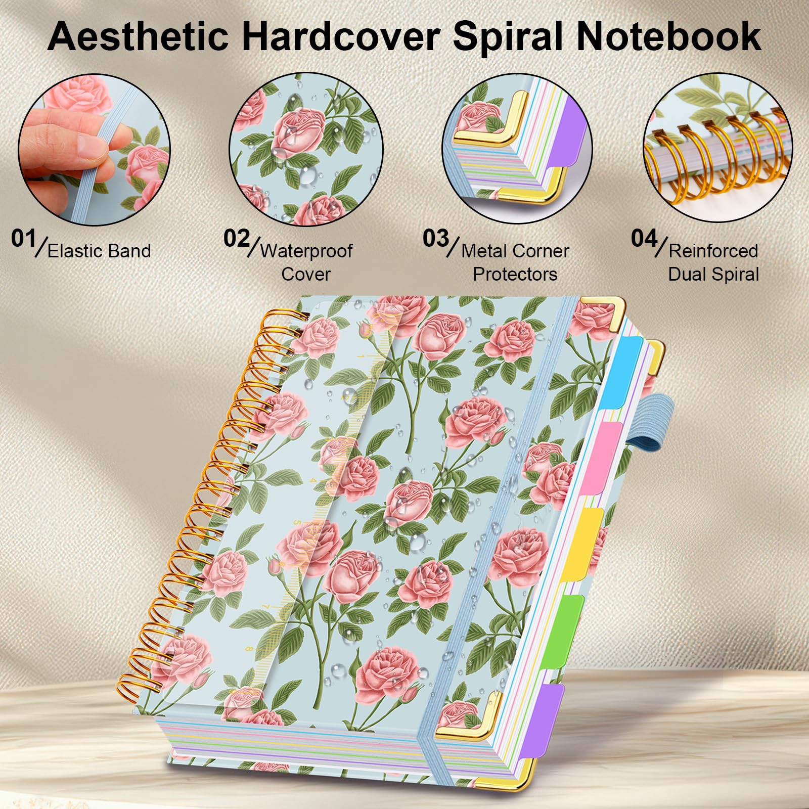 Spiral Journal Notebooks for Work, 300 Pages 5 Subject Notebook College Ruled with Dividers & Tabs, 8''x 10'' Large Notebook Journal for Women Students Note-Taking and Organizer