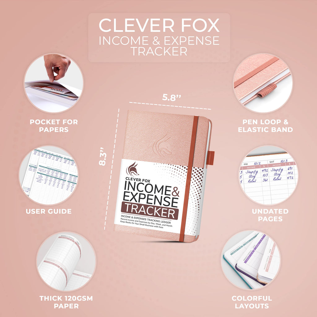 Clever Fox Income & Expense Tracker Large – Accounting & Bookkeeping Ledger Book for Small Business – 2-Year Record Notebook, A4 (Rose Gold)