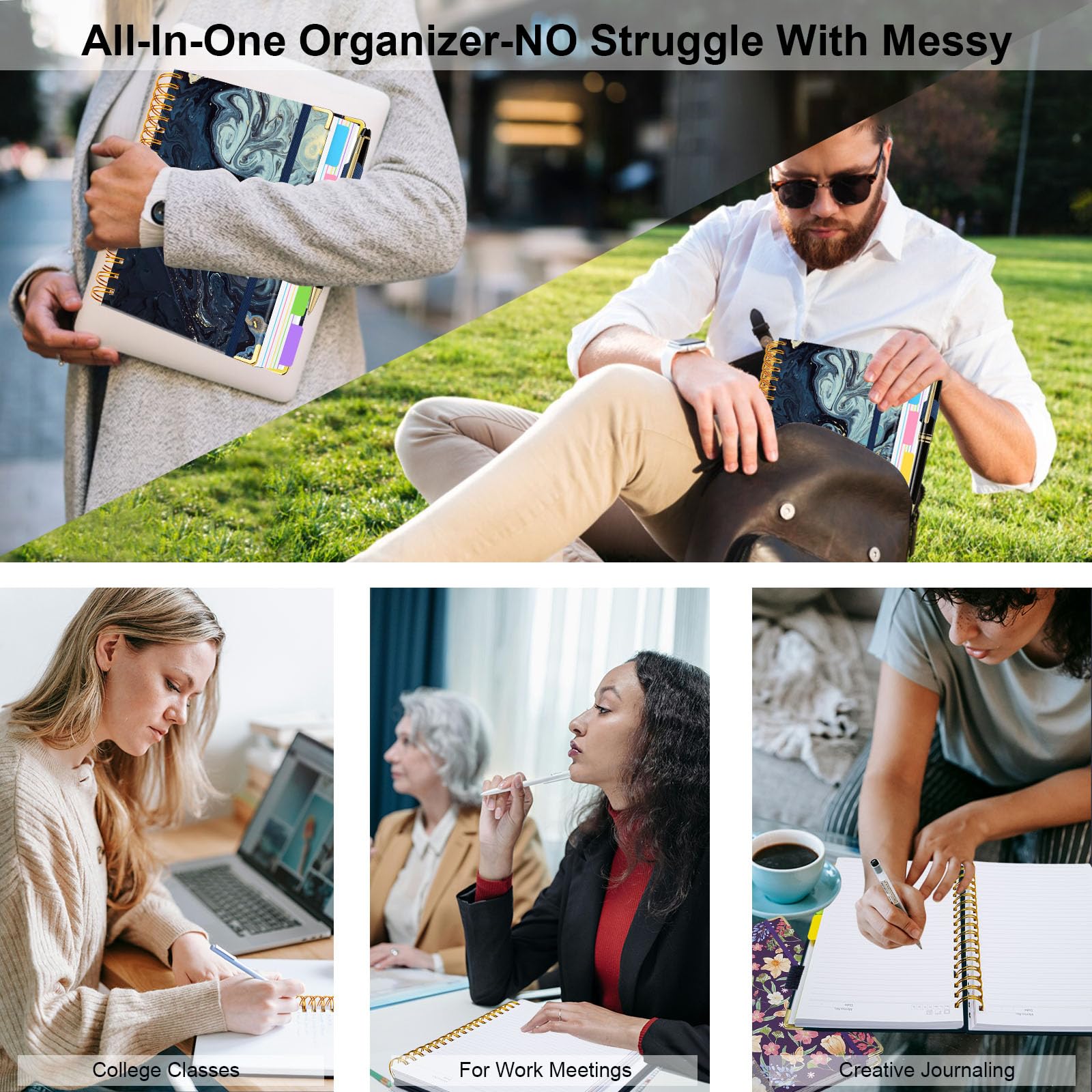 Spiral Journal Notebooks for Work, 300 Pages 5 Subject Notebook College Ruled with Dividers & Tabs, 8''x 10'' Large Notebook Journal for Women Students Note-Taking and Organizer