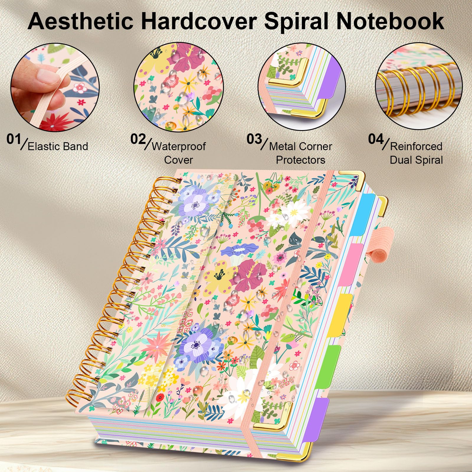 Spiral Journal Notebooks for Work, 300 Pages 5 Subject Notebook College Ruled with Dividers & Tabs, 8''x 10'' Large Notebook Journal for Women Students Note-Taking and Organizer