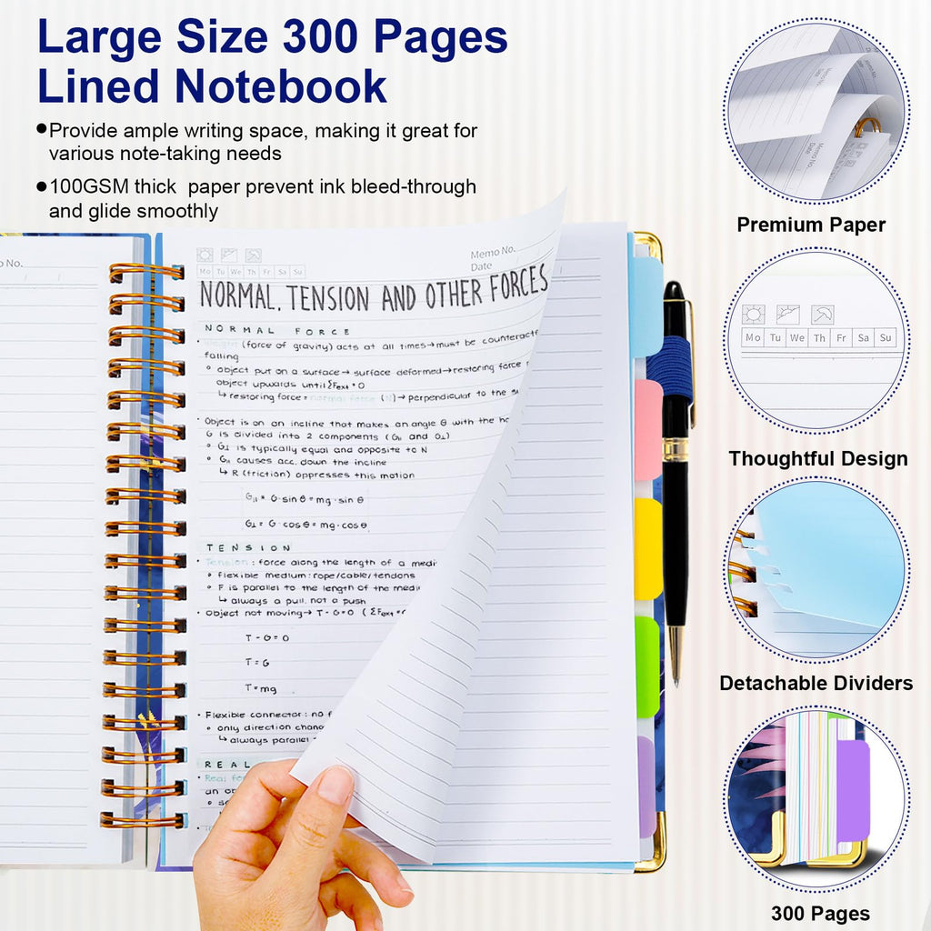 Spiral Journal Notebooks for Work, 300 Pages 5 Subject Notebook College Ruled with Dividers & Tabs, 8''x 10'' Large Notebook Journal for Women Students Note-Taking and Organizer