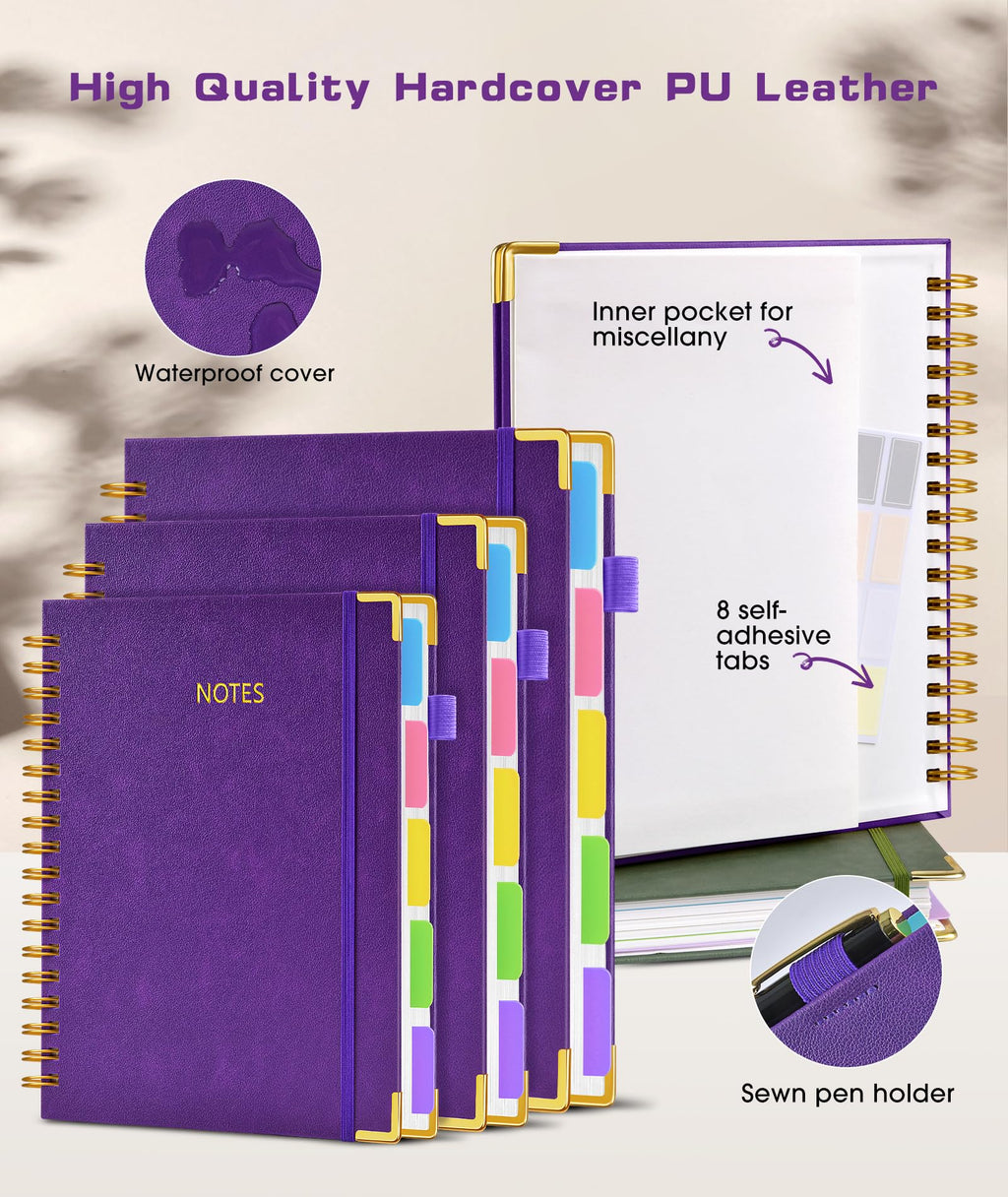 Hardcover Spiral Notebook Journal with Removable Dividers Tabs, 300 Pages Leather 5 Subject Notebook College Ruled, 8"x10" Large B5 Notebooks for Work School Note taking, Lined Journal for Women, Pink