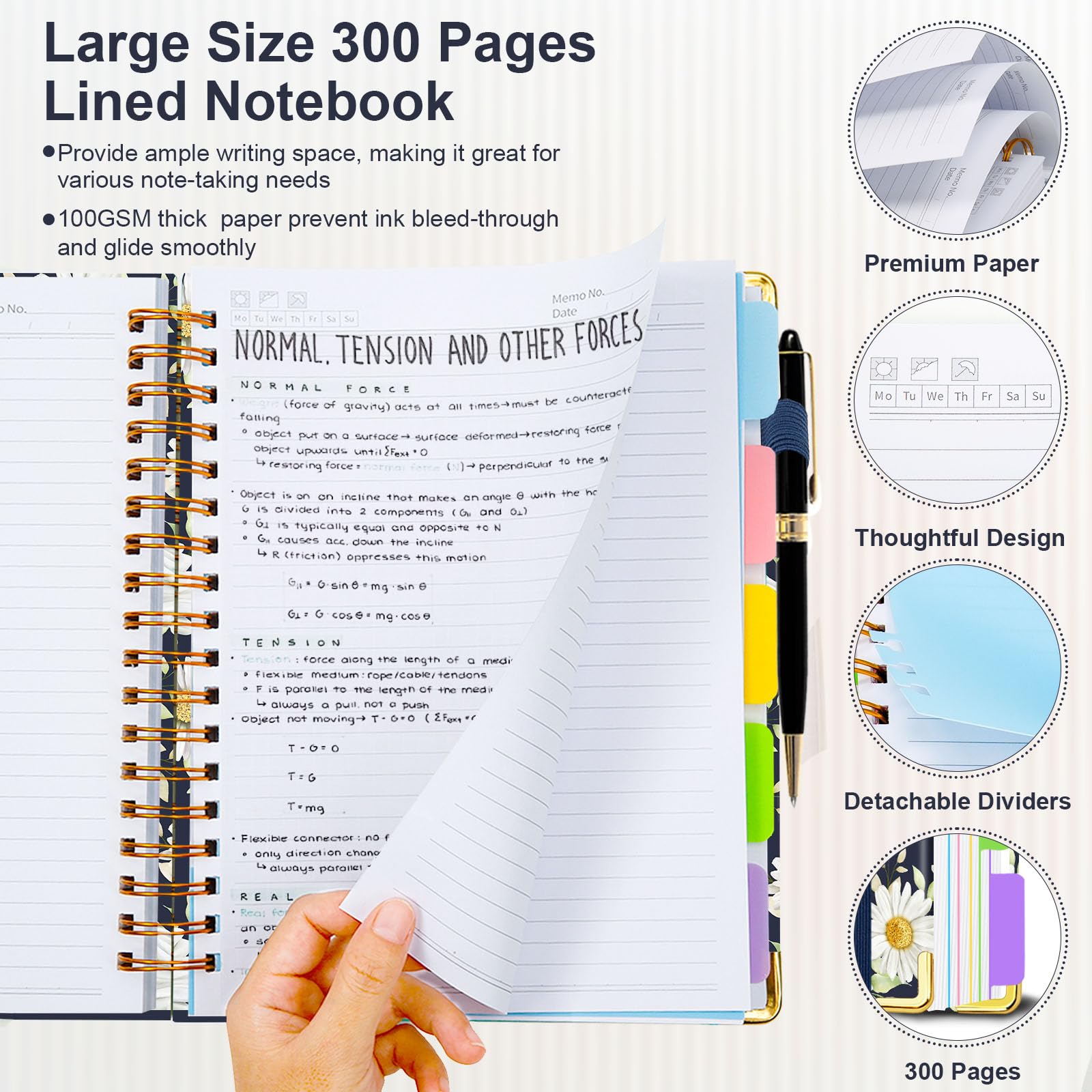 Spiral Journal Notebooks for Work, 300 Pages 5 Subject Notebook College Ruled with Dividers & Tabs, 8''x 10'' Large Notebook Journal for Women Students Note-Taking and Organizer