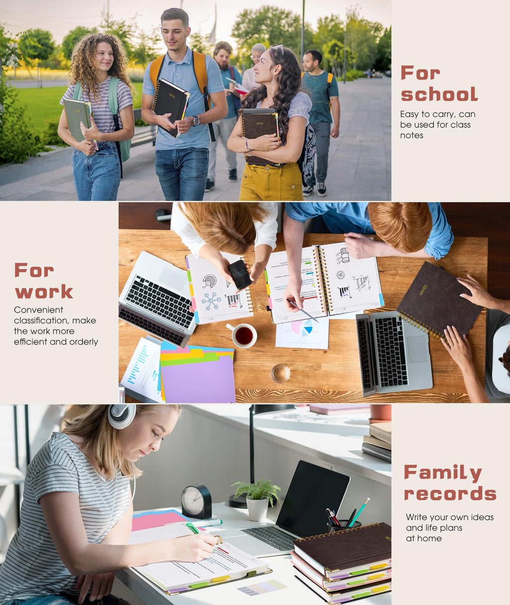 Hardcover Spiral Notebook Journal with Removable Dividers Tabs, 300 Pages Leather 5 Subject Notebook College Ruled, 8"x10" Large B5 Notebooks for Work School Note taking, Lined Journal for Women, Pink