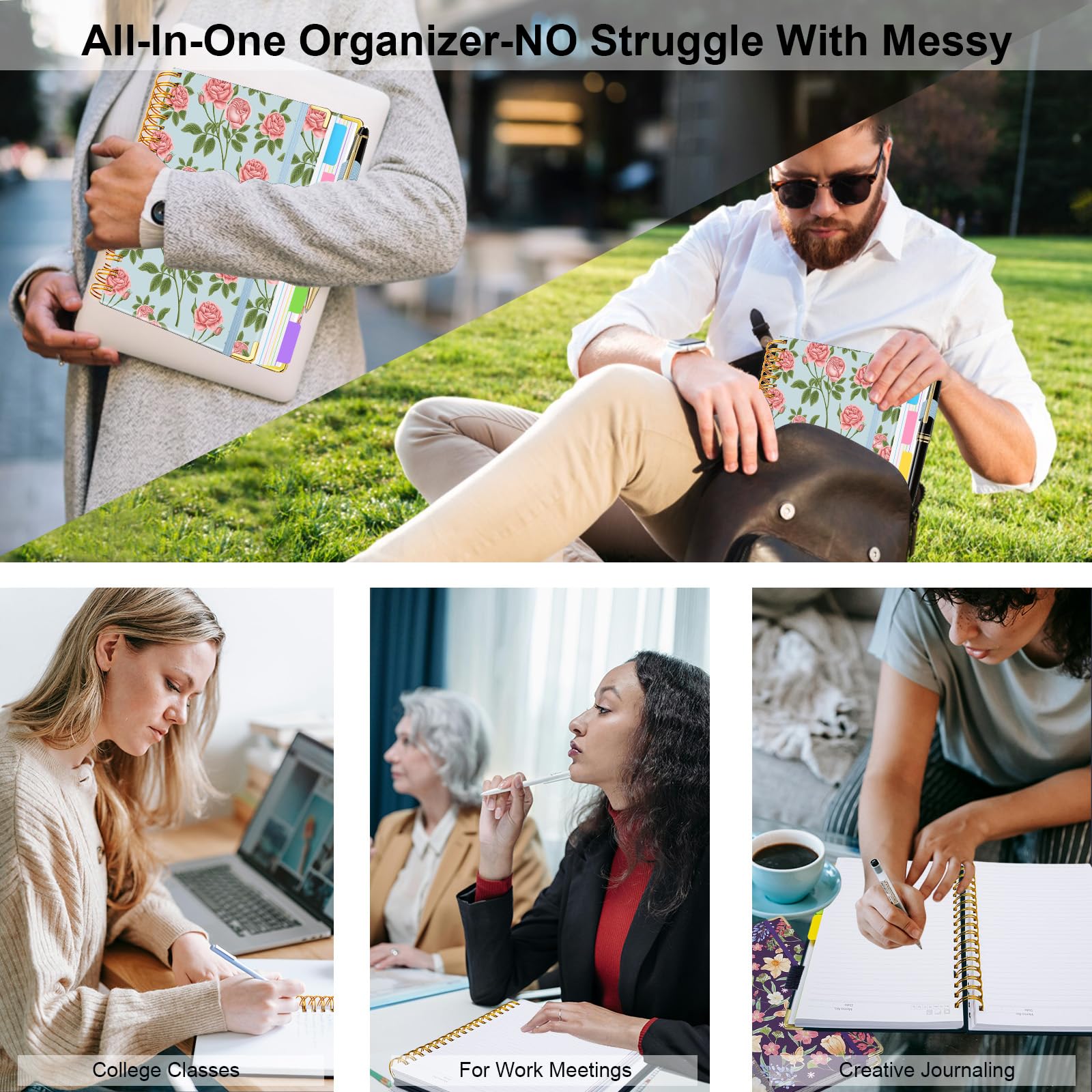 Spiral Journal Notebooks for Work, 300 Pages 5 Subject Notebook College Ruled with Dividers & Tabs, 8''x 10'' Large Notebook Journal for Women Students Note-Taking and Organizer