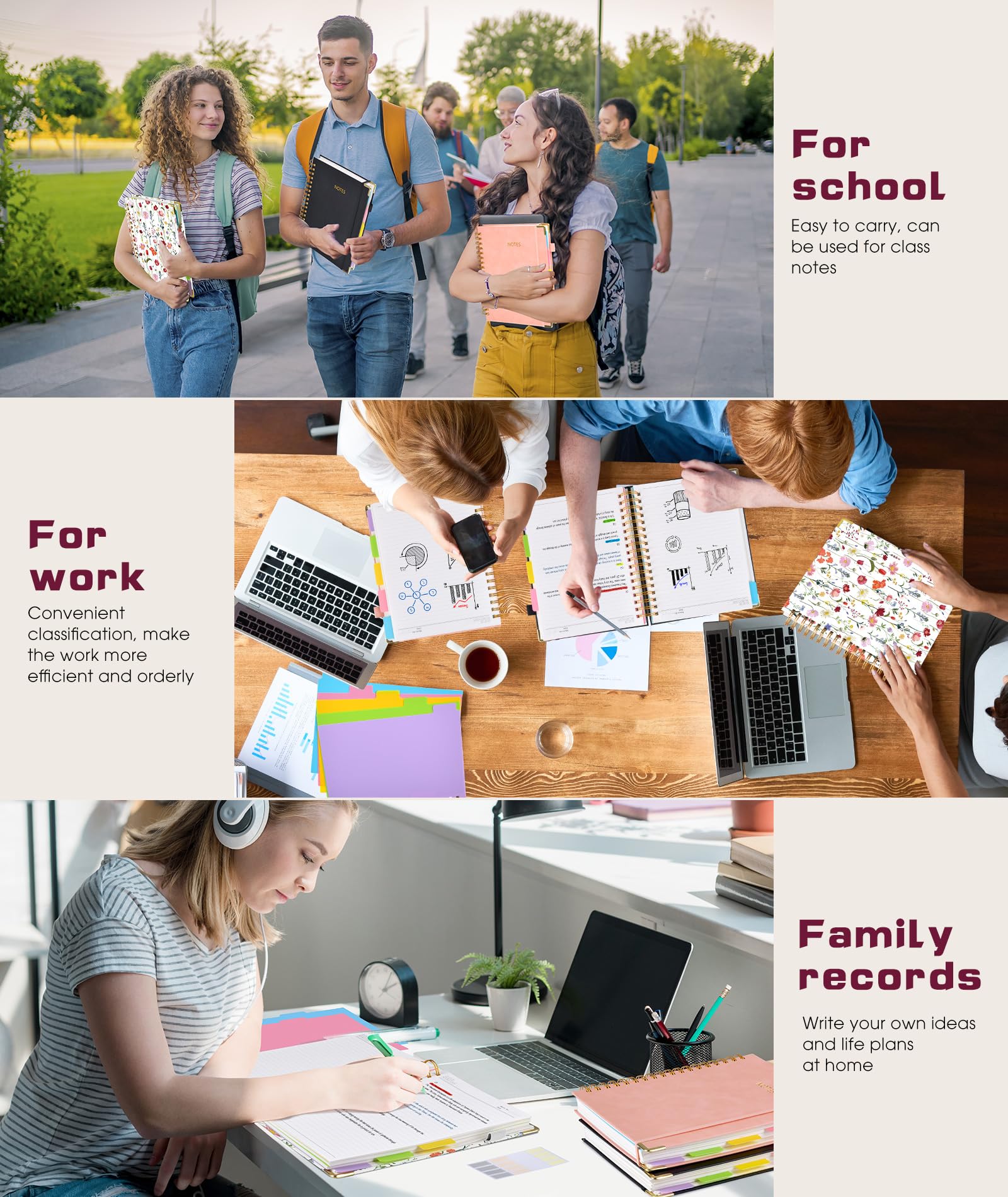 Hardcover Spiral Notebook Journal with Removable Dividers Tabs, 300 Pages Leather 5 Subject Notebook College Ruled, 8"x10" Large B5 Notebooks for Work School Note taking, Lined Journal for Women, Pink