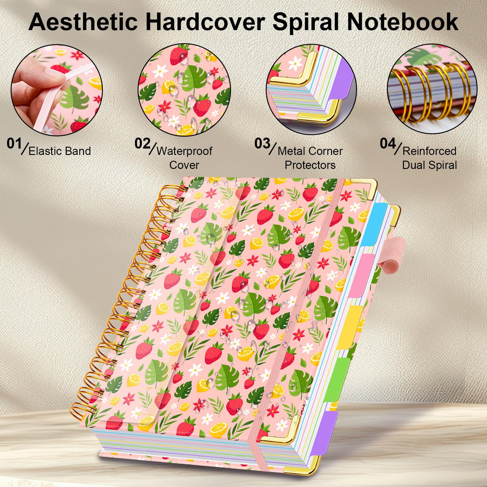 Spiral Journal Notebooks for Work, 300 Pages 5 Subject Notebook College Ruled with Dividers & Tabs, 8''x 10'' Large Notebook Journal for Women Students Note-Taking and Organizer