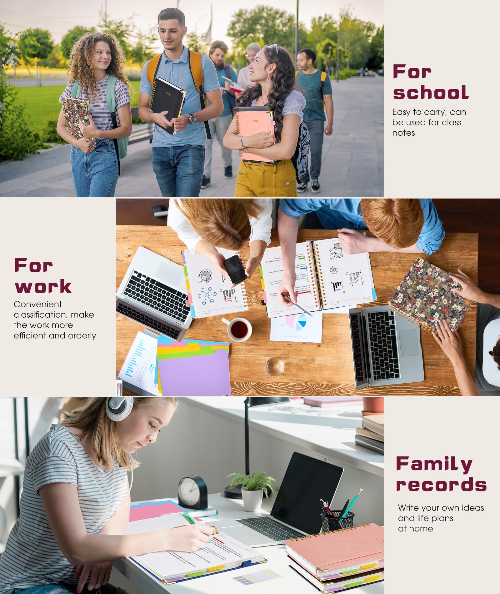 Hardcover Spiral Notebook Journal with Removable Dividers Tabs, 300 Pages Leather 5 Subject Notebook College Ruled, 8"x10" Large B5 Notebooks for Work School Note taking, Lined Journal for Women, Pink