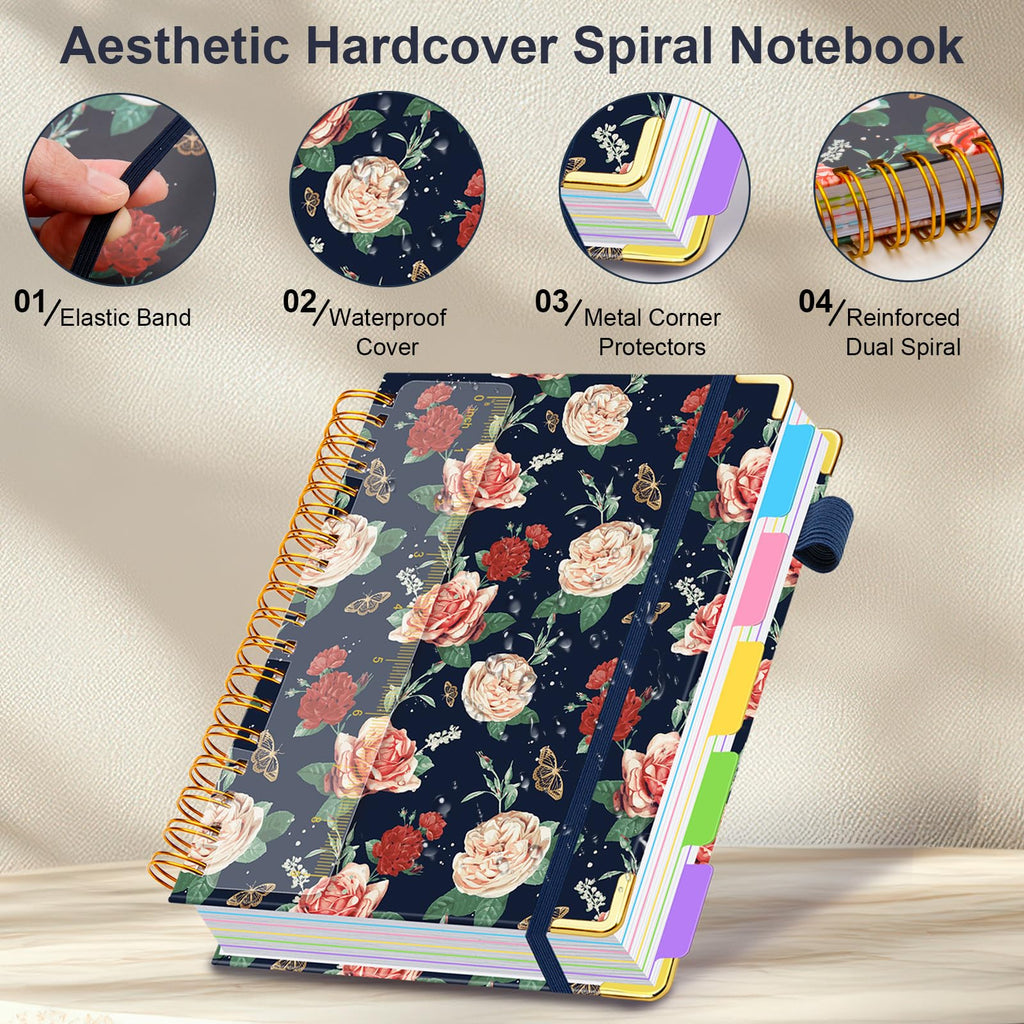 Spiral Journal Notebooks for Work, 300 Pages 5 Subject Notebook College Ruled with Dividers & Tabs, 8''x 10'' Large Notebook Journal for Women Students Note-Taking and Organizer