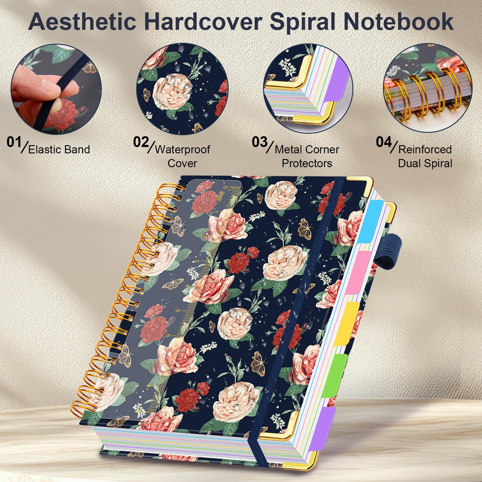 Spiral Journal Notebooks for Work, 300 Pages 5 Subject Notebook College Ruled with Dividers & Tabs, 8''x 10'' Large Notebook Journal for Women Students Note-Taking and Organizer