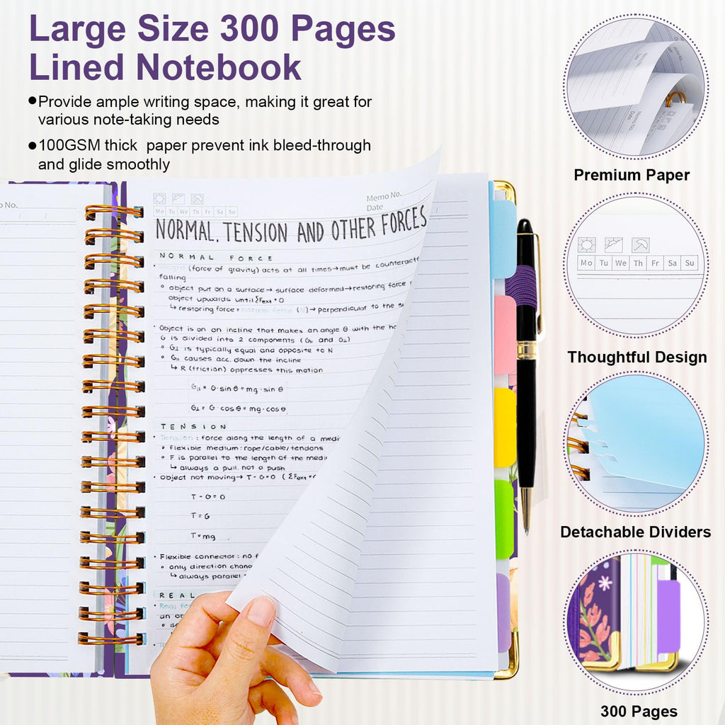 Spiral Journal Notebooks for Work, 300 Pages 5 Subject Notebook College Ruled with Dividers & Tabs, 8''x 10'' Large Notebook Journal for Women Students Note-Taking and Organizer