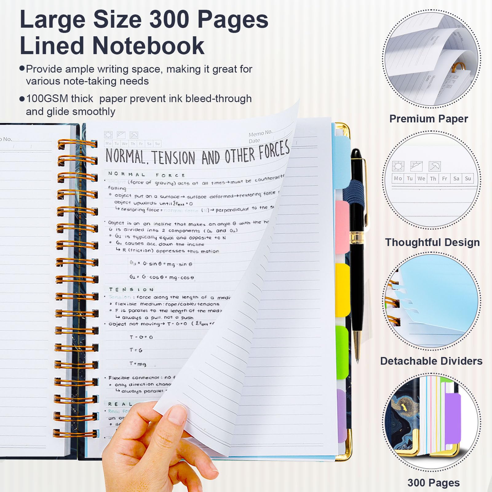 Spiral Journal Notebooks for Work, 300 Pages 5 Subject Notebook College Ruled with Dividers & Tabs, 8''x 10'' Large Notebook Journal for Women Students Note-Taking and Organizer