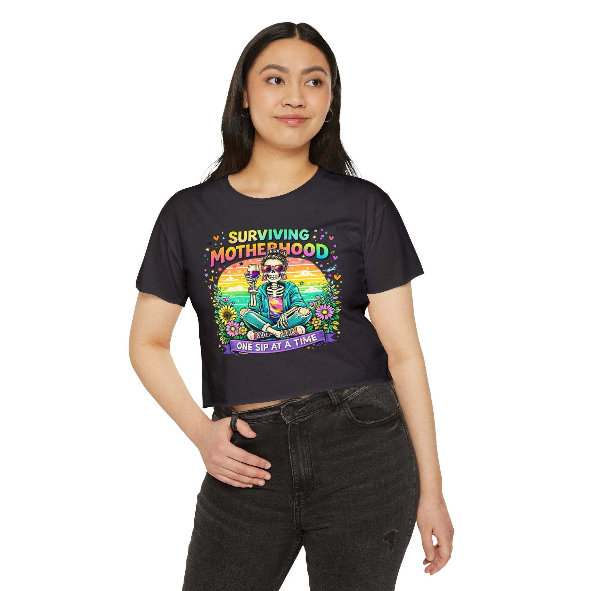 Motherhood Crop Top — "Surviving Motherhood One Sip at a Time" Festival Tee