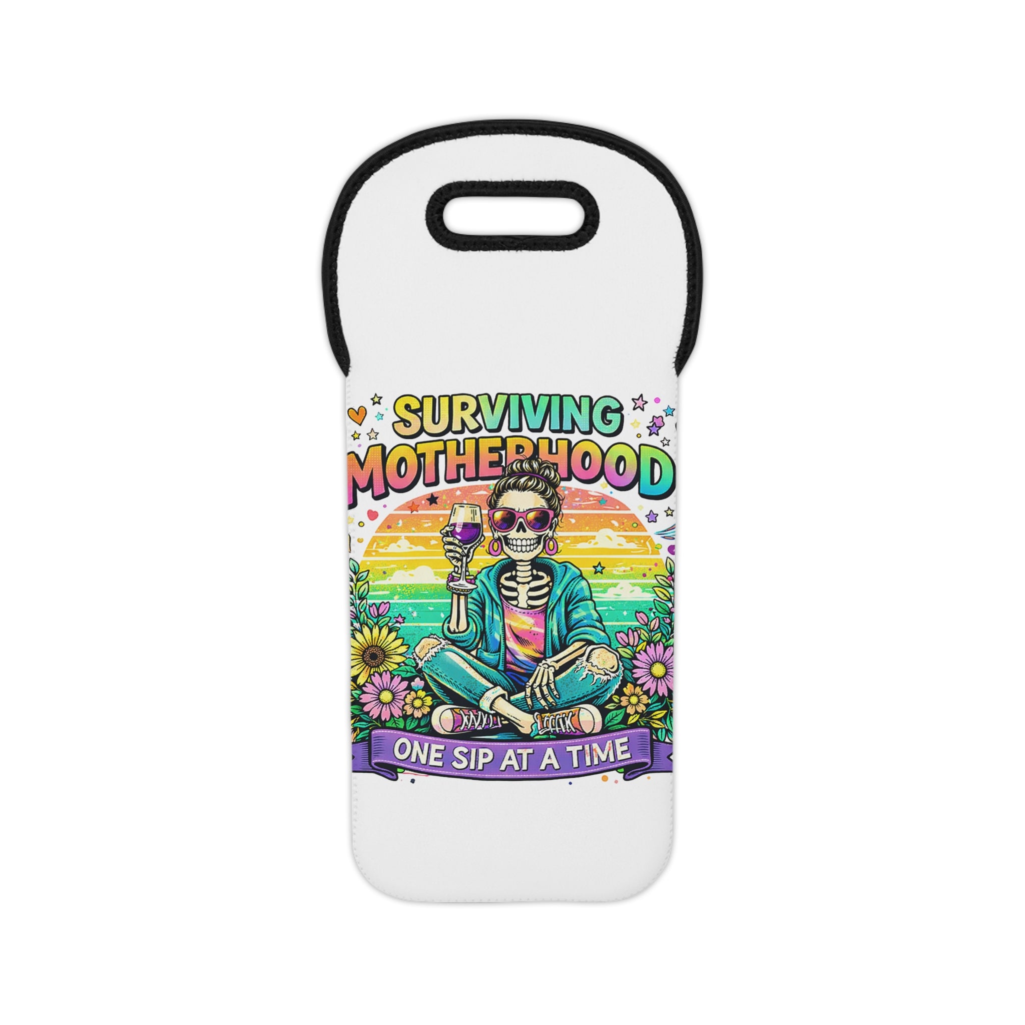 Wine Tote — "Surviving Motherhood: One Sip at a Time" Colorful Mom Wine Carrier