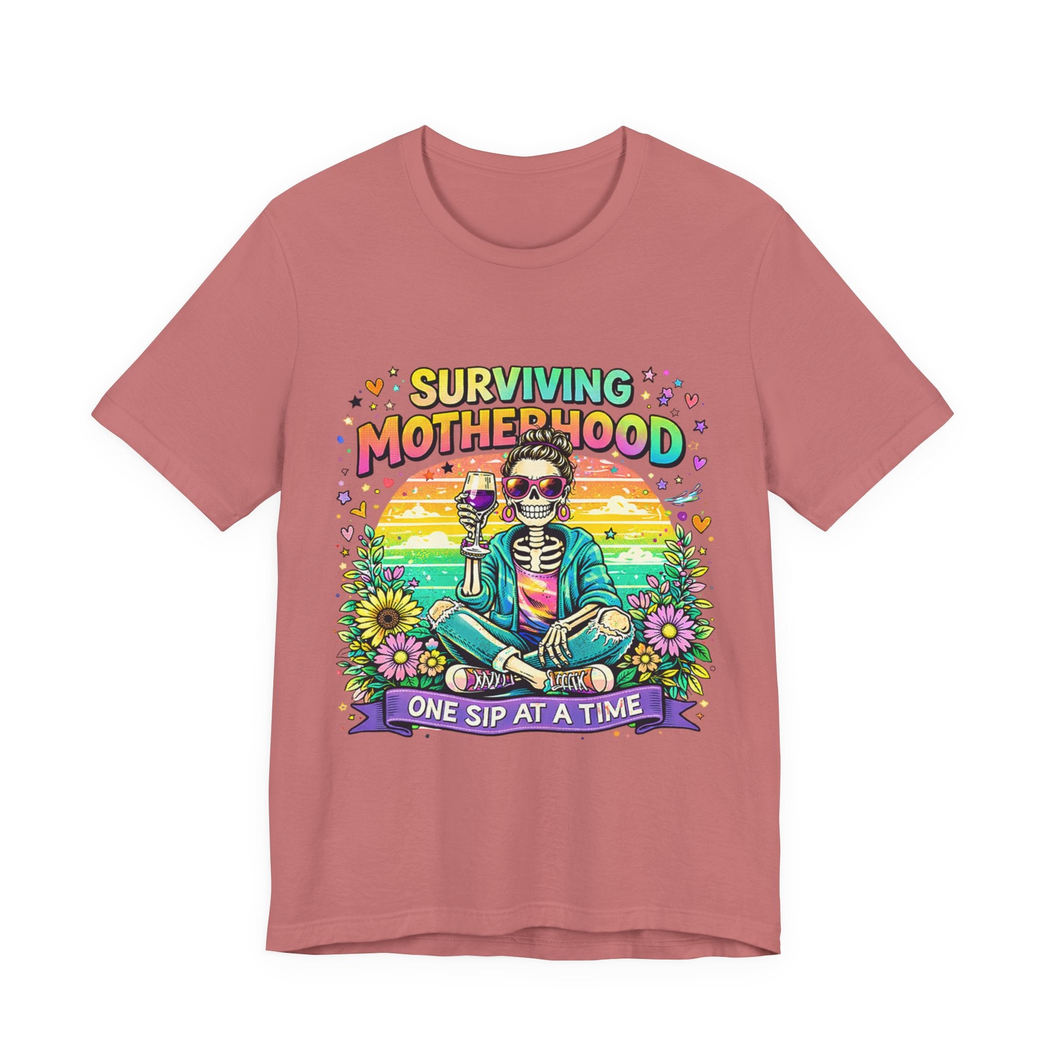 Surviving Motherhood Graphic Tee — "One Sip at a Time" Mom Shirt