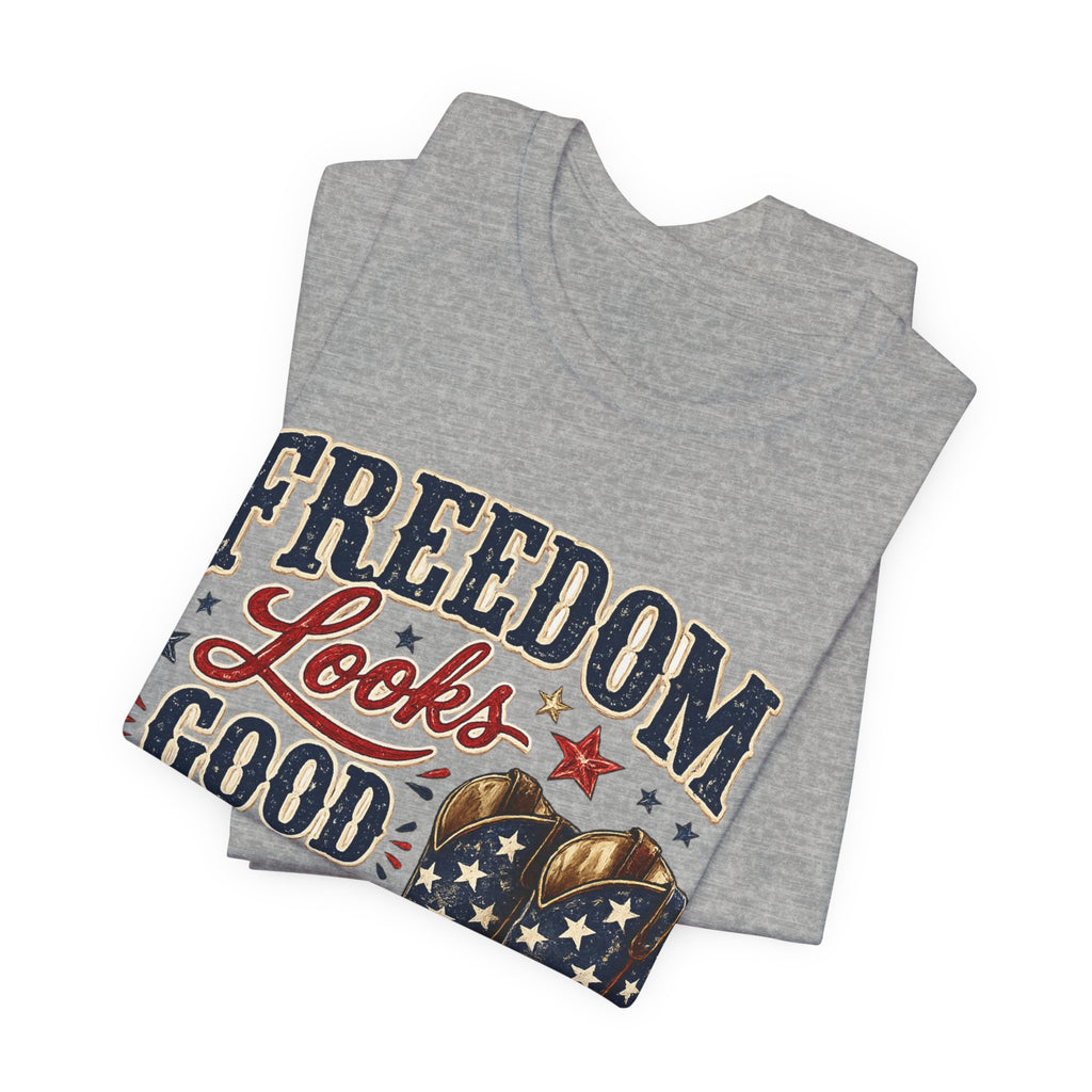Freedom Looks Good On Me Tee — Patriotic American Flag Cowboy Boots T-Shirt