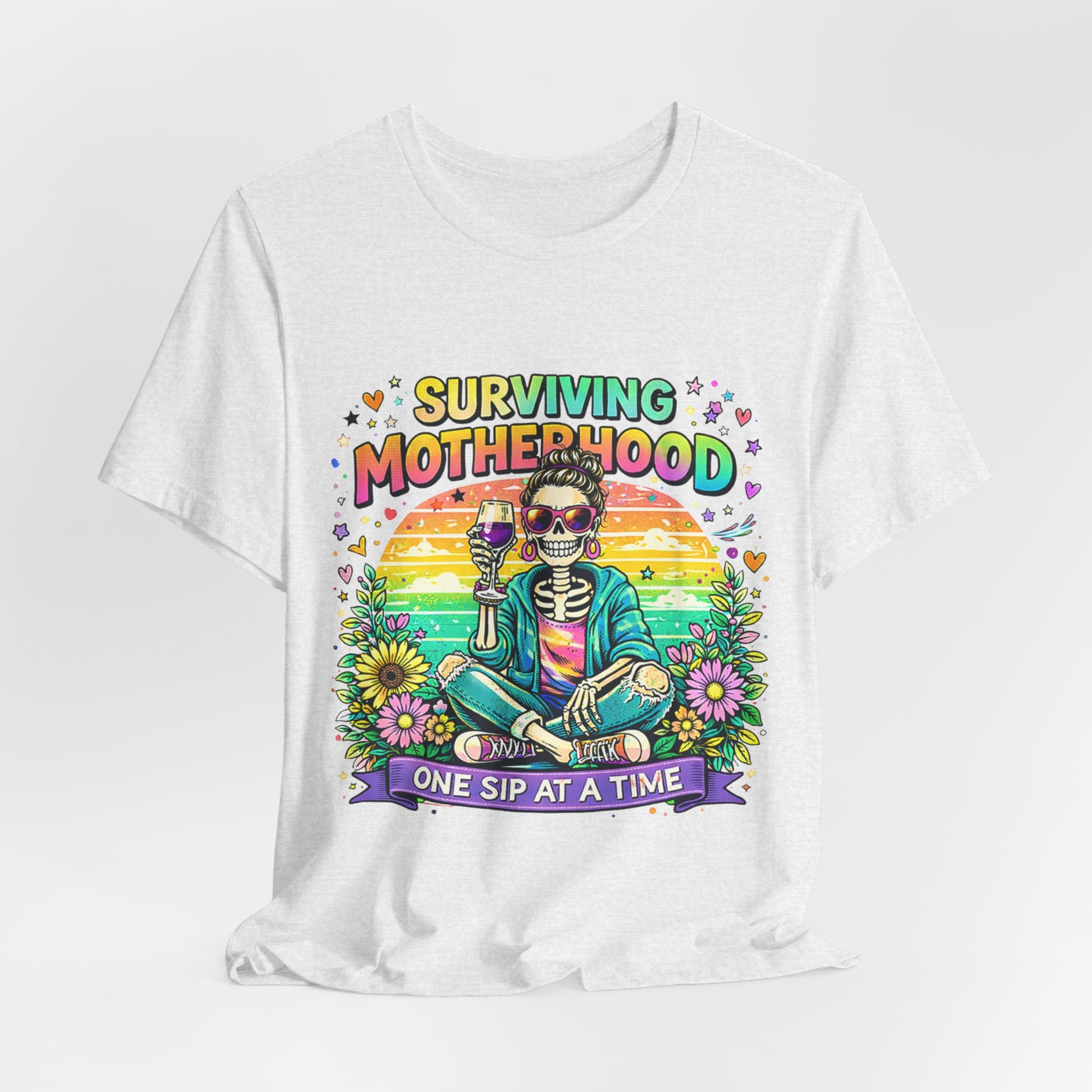 Surviving Motherhood Graphic Tee — "One Sip at a Time" Mom Shirt
