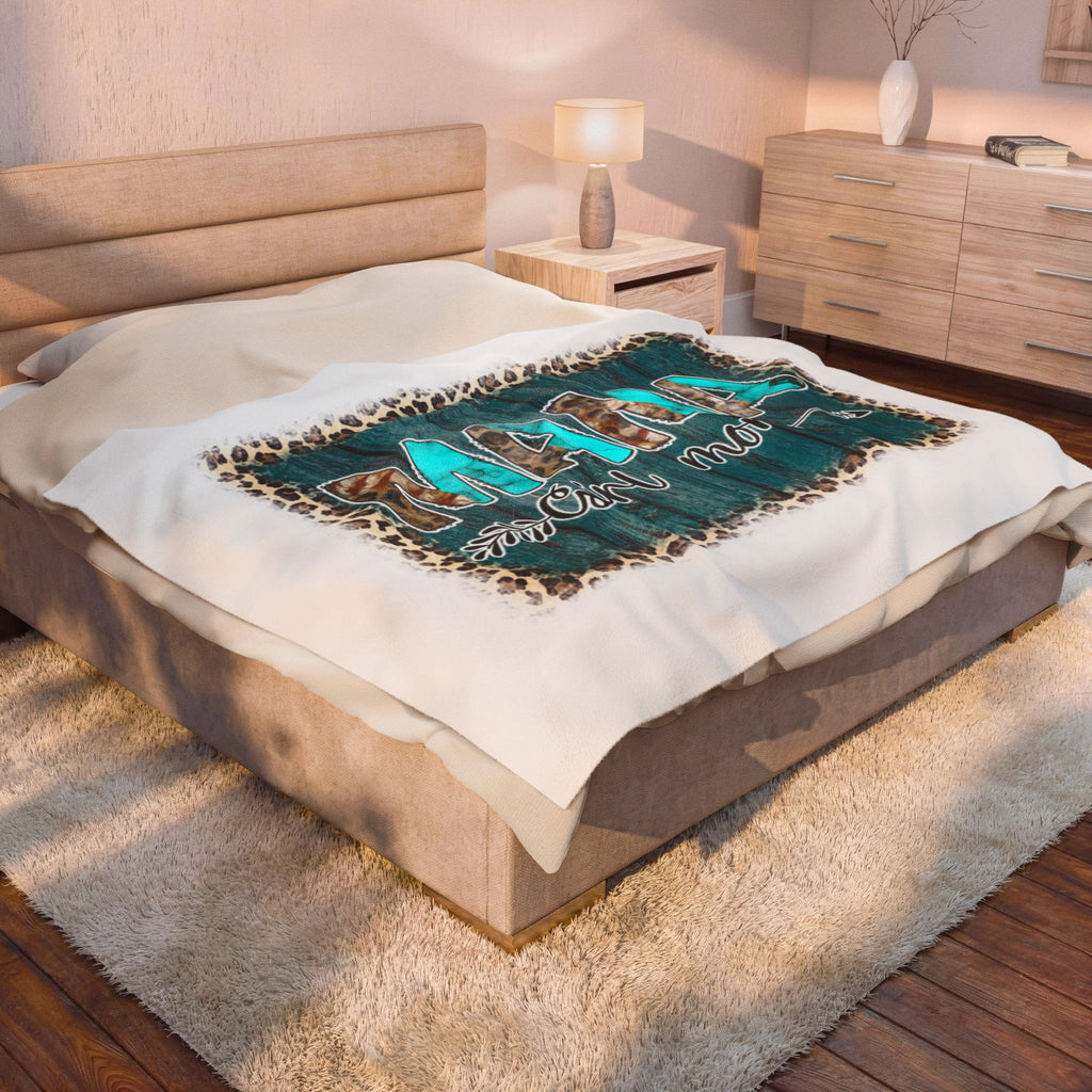 Mama Girl Mom Velveteen Plush Blanket — Turquoise Wood & Leopard Cozy Throw