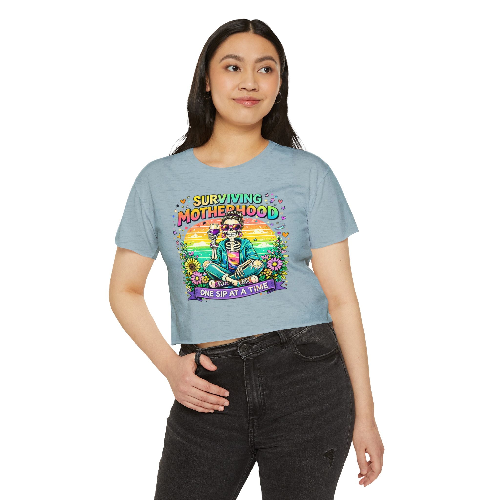 Motherhood Crop Top — "Surviving Motherhood One Sip at a Time" Festival Tee
