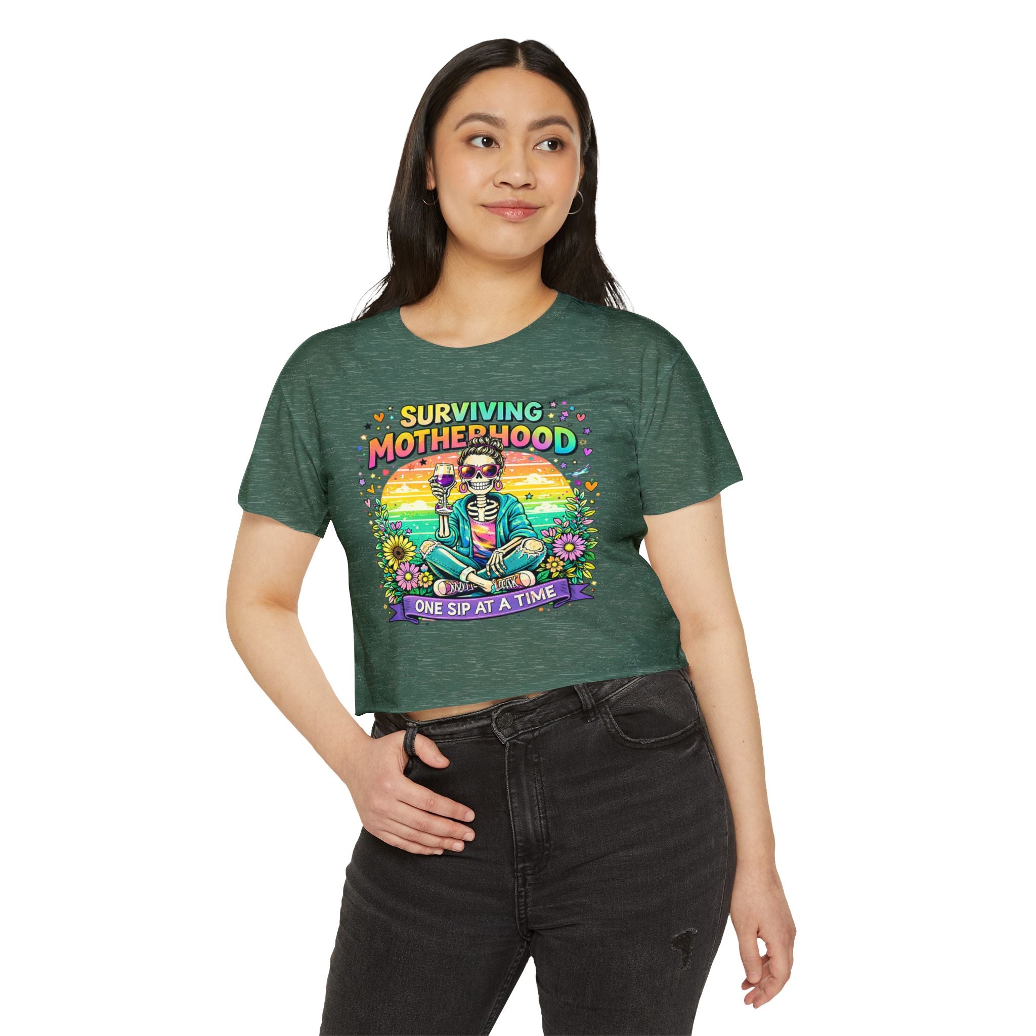 Motherhood Crop Top — "Surviving Motherhood One Sip at a Time" Festival Tee
