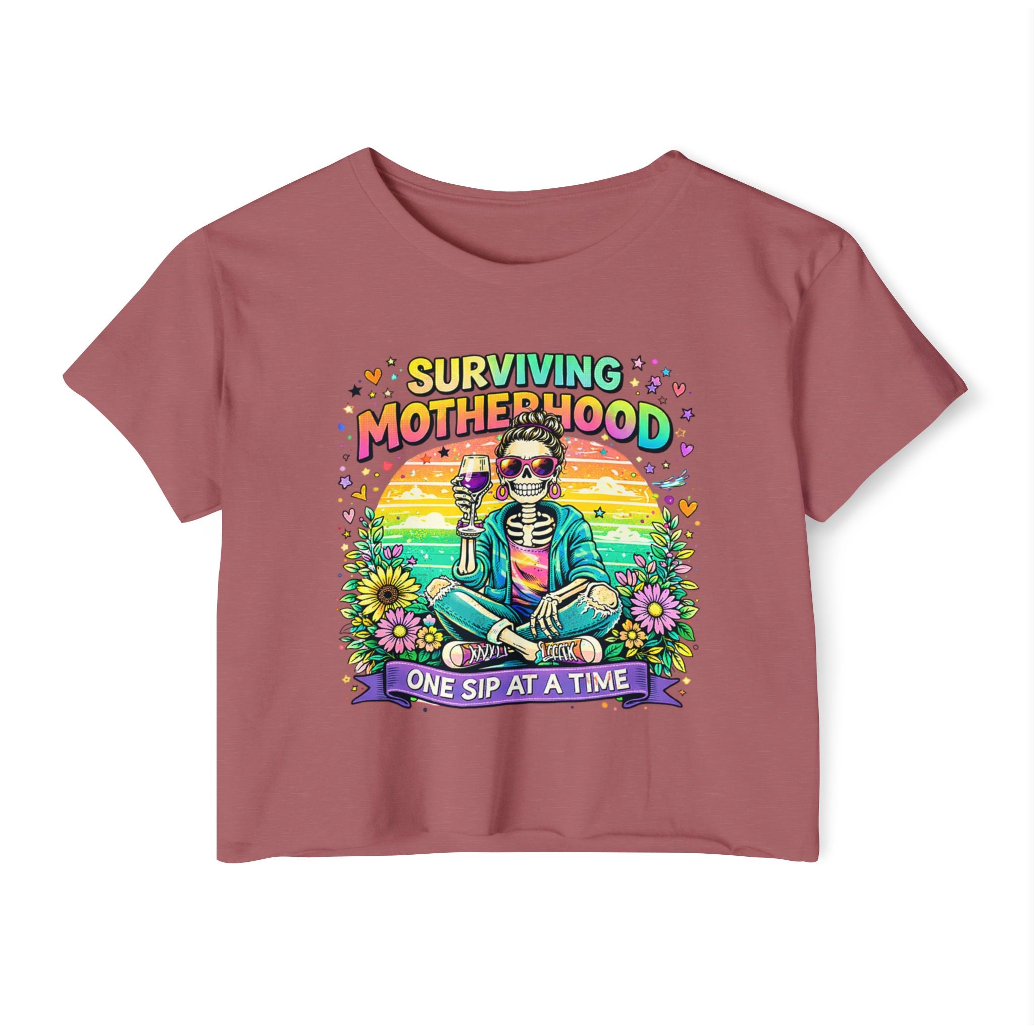 Motherhood Crop Top — "Surviving Motherhood One Sip at a Time" Festival Tee