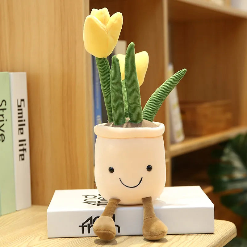 Smiling Tulip Plush Plant Decor — Cute Soft Flower Stuffed Toy
